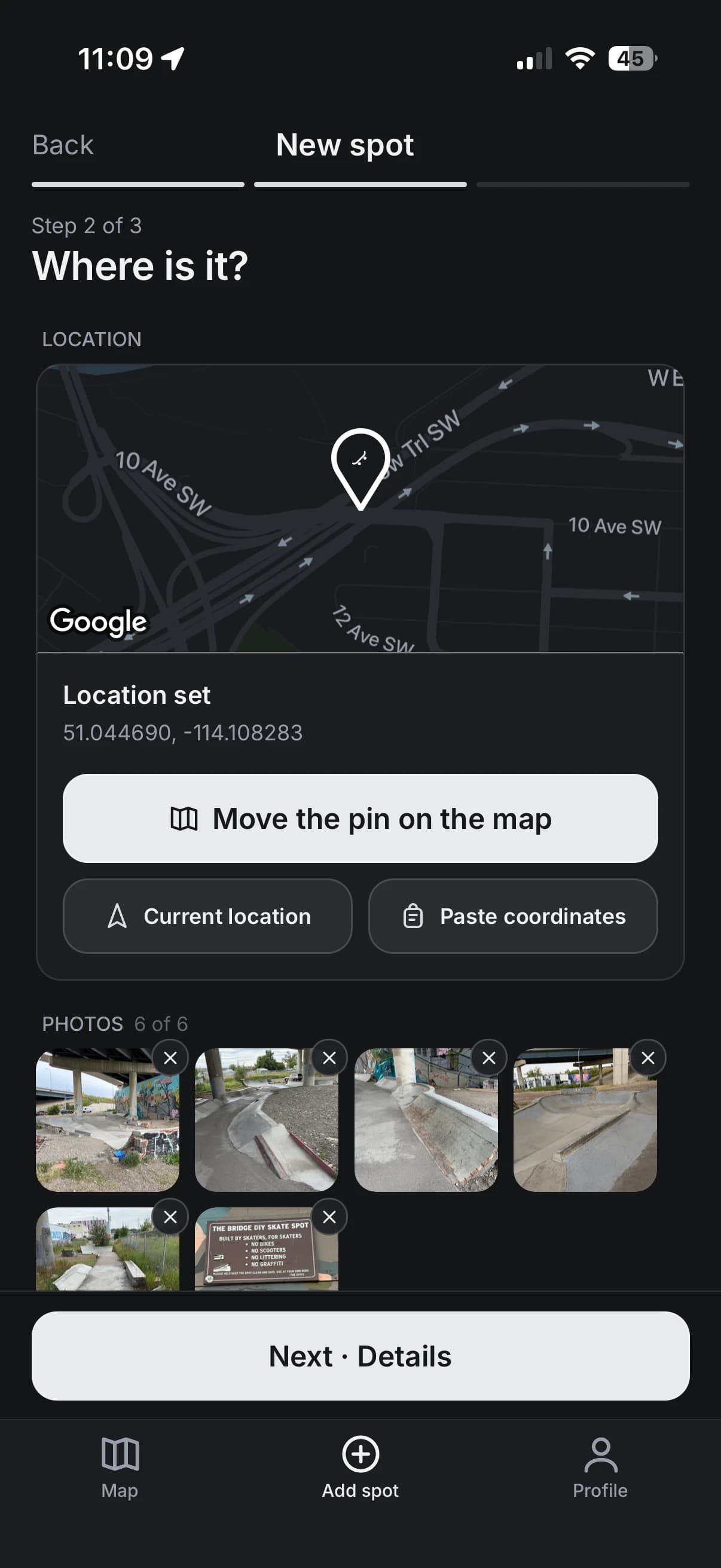 Adding a skate spot by placing its location on the map after uploading photos.