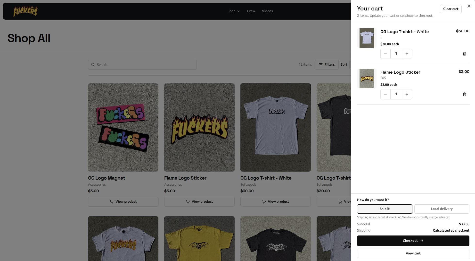 Shopping cart drawer with size selections, quantity controls, and shipping or local delivery options.