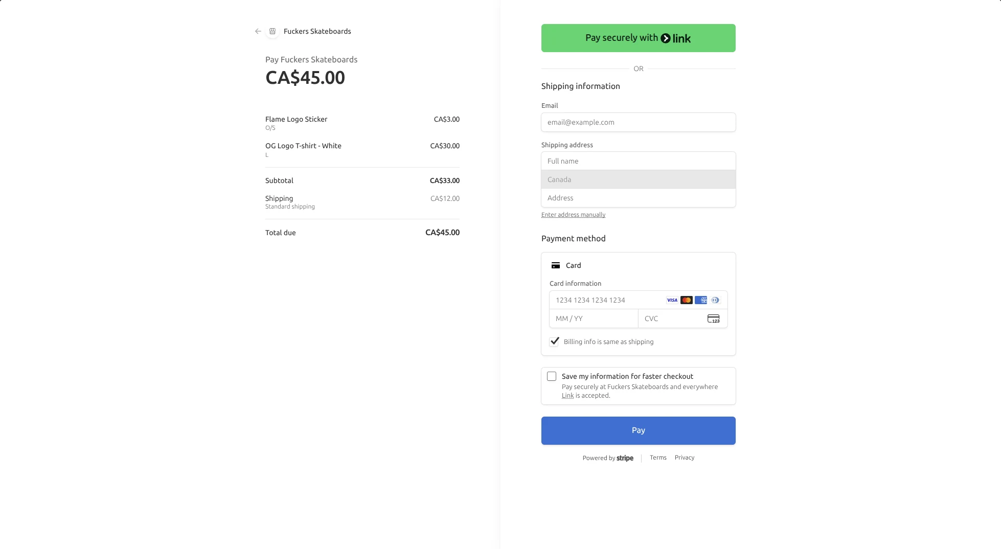 Stripe Checkout for a two-item order, with shipping details, tax, and card or Link payment.