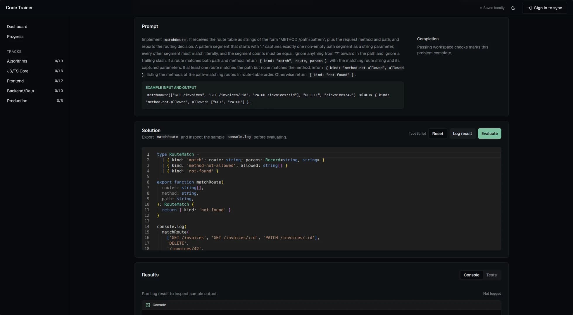 A coding problem with the prompt, sample input and output, the solution editor, and a results panel.