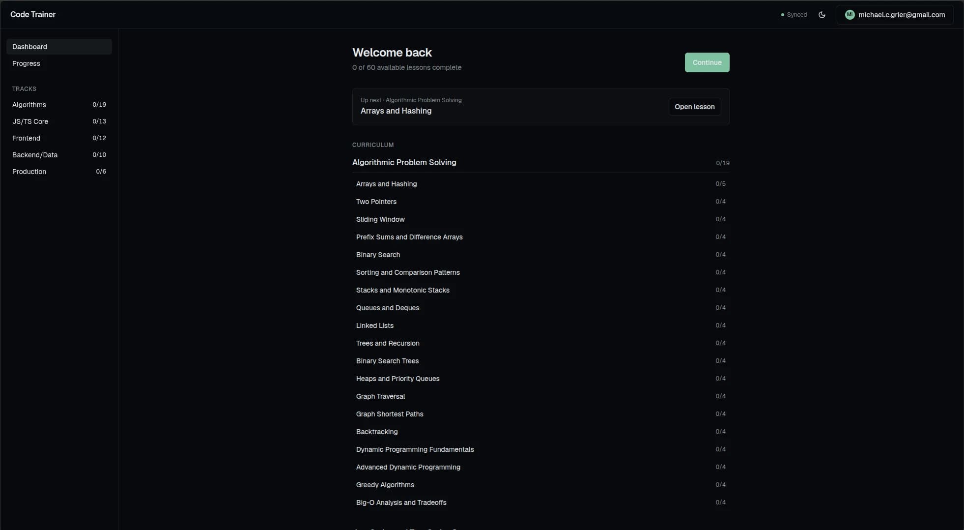 Dashboard with the next lesson queued, the curriculum listed by track, and progress synced to a GitHub account.