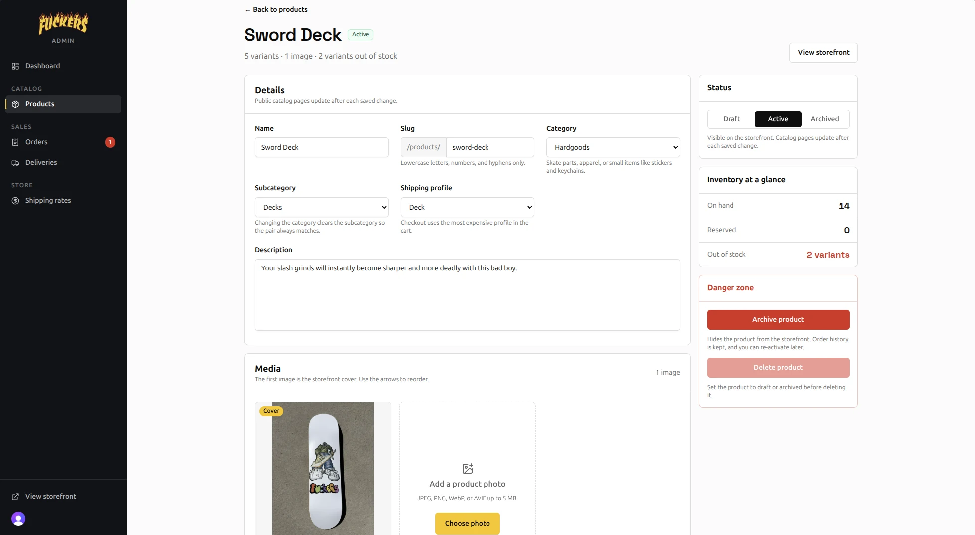 Product editor with details, publishing controls, inventory totals, and photo management.