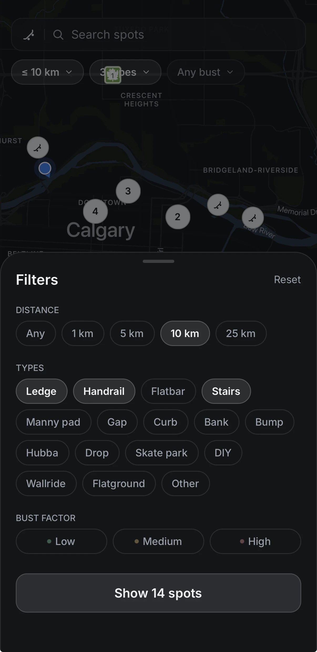Map filters for distance, spot type, and bust factor, showing 14 matching spots.