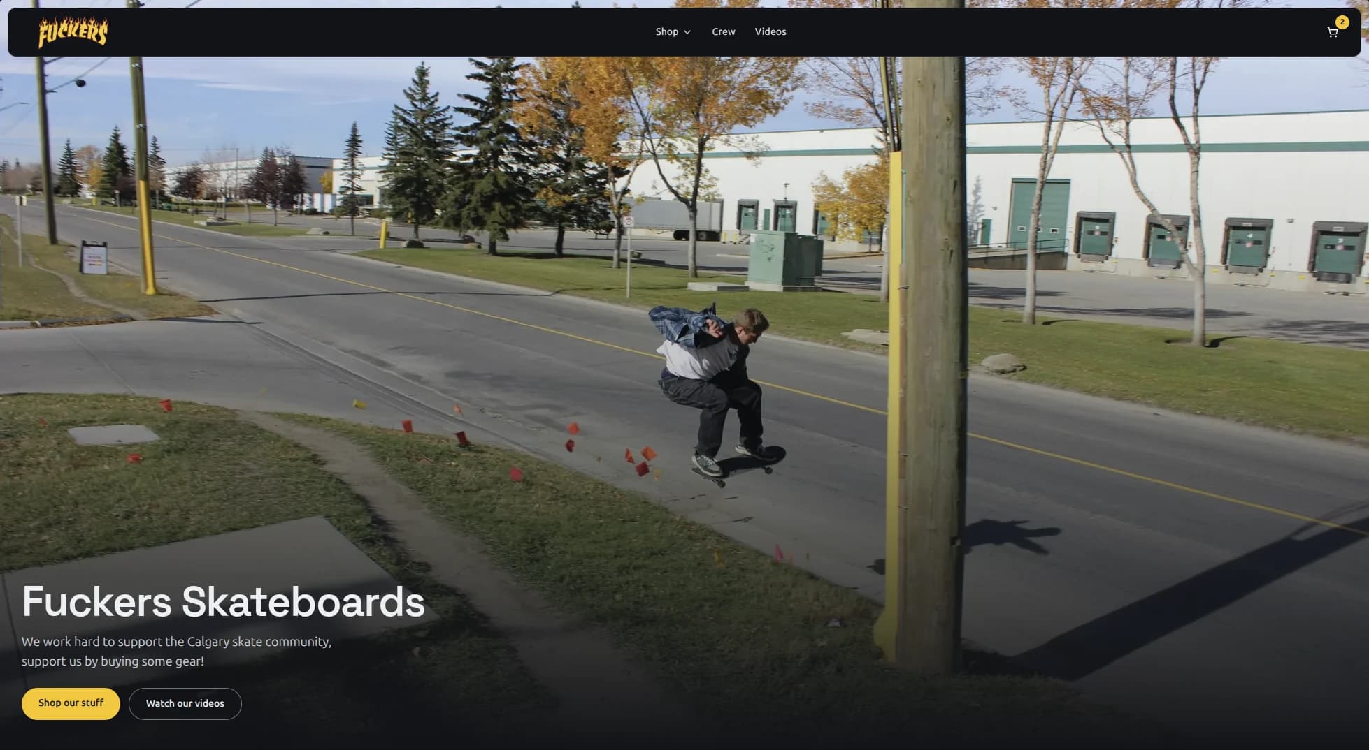 Fuckers Skateboards homepage with a skate video hero and links to the shop and videos.