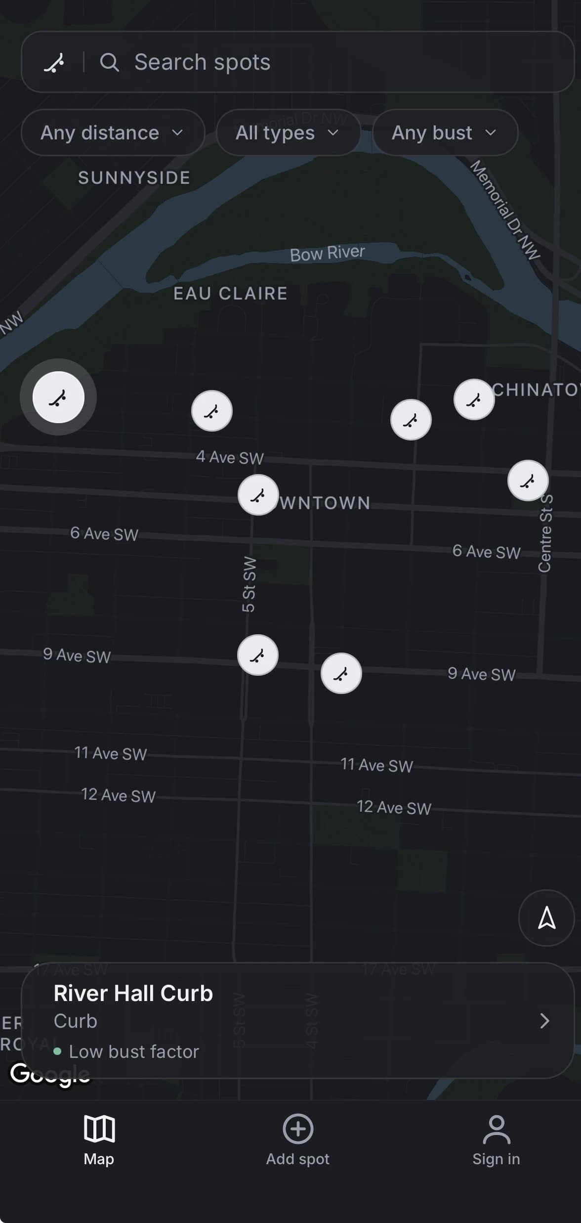 Calgary skate spot map with location pins, search, filters, and a selected spot preview.