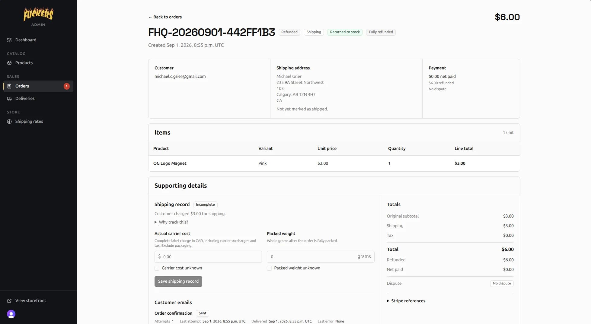 Order detail in the admin with a refunded status, shipping record, totals, and the confirmation email log.