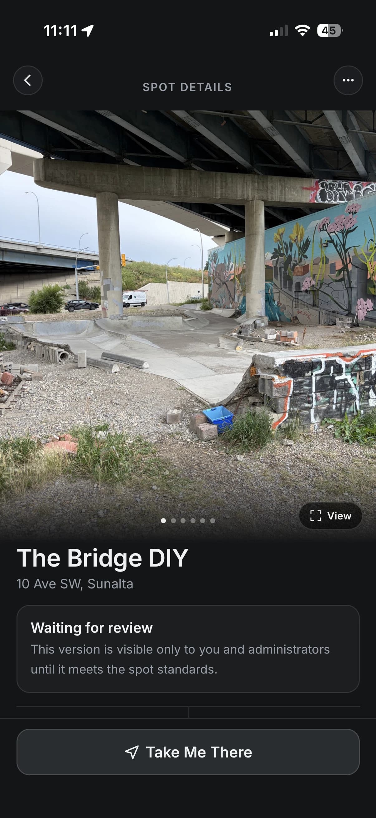 The Bridge DIY spot submission with a photo and a waiting for review status.