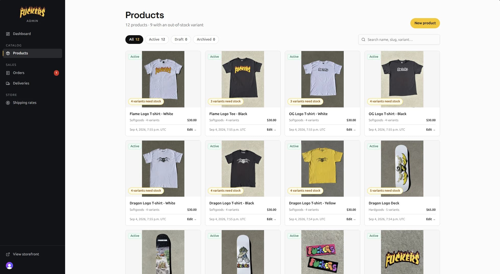 Product admin showing the catalog, publishing status, and stock warnings.