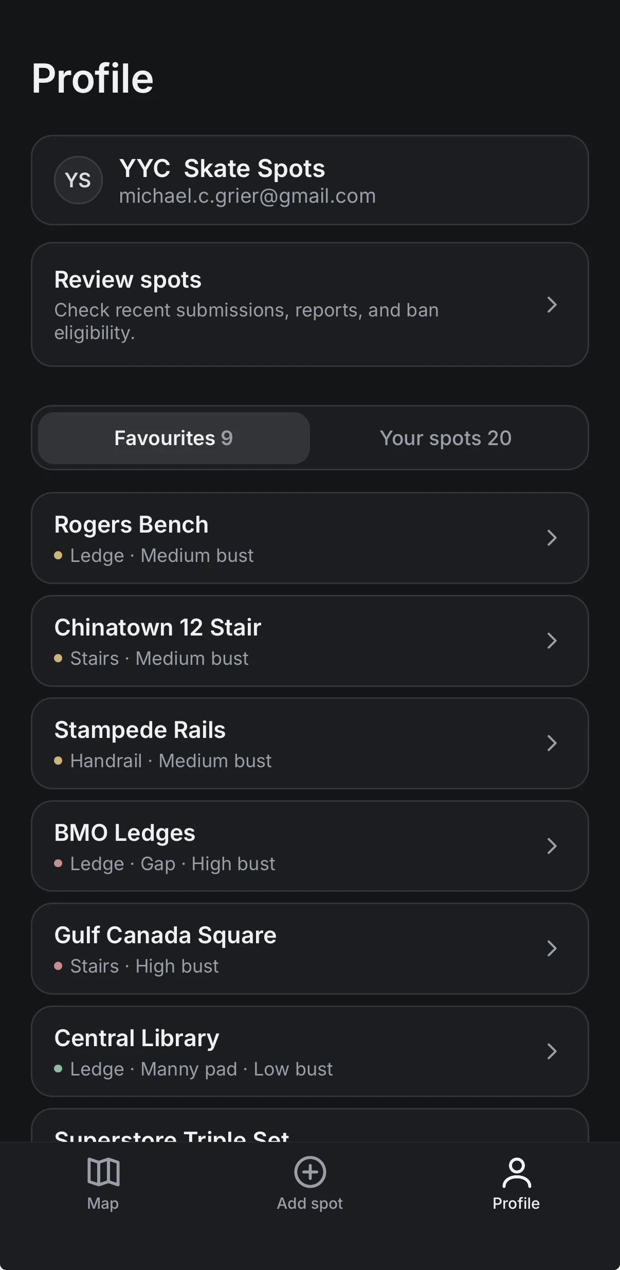 Profile screen with the moderation review queue, favourites, and the spots you have added.