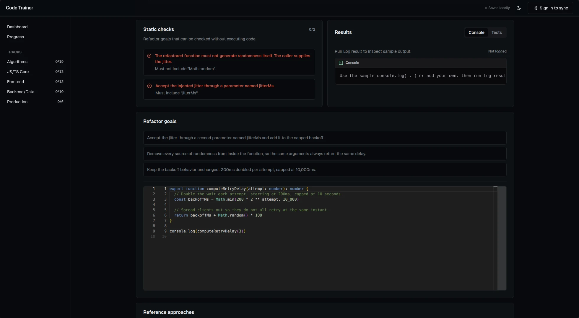 A refactor problem with failing static checks, the refactor goals, and the code to change.