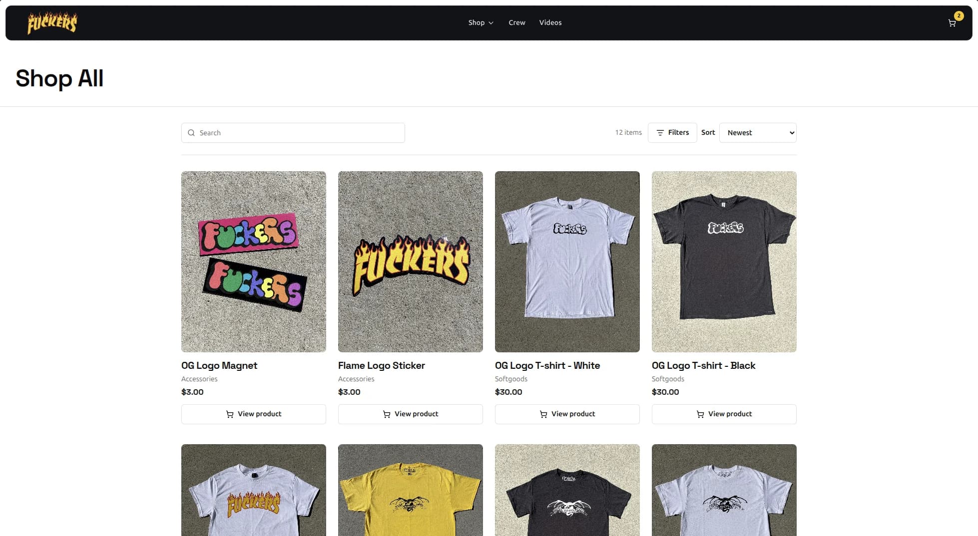 Shop catalog with product photos, prices, search, sorting, and filters.