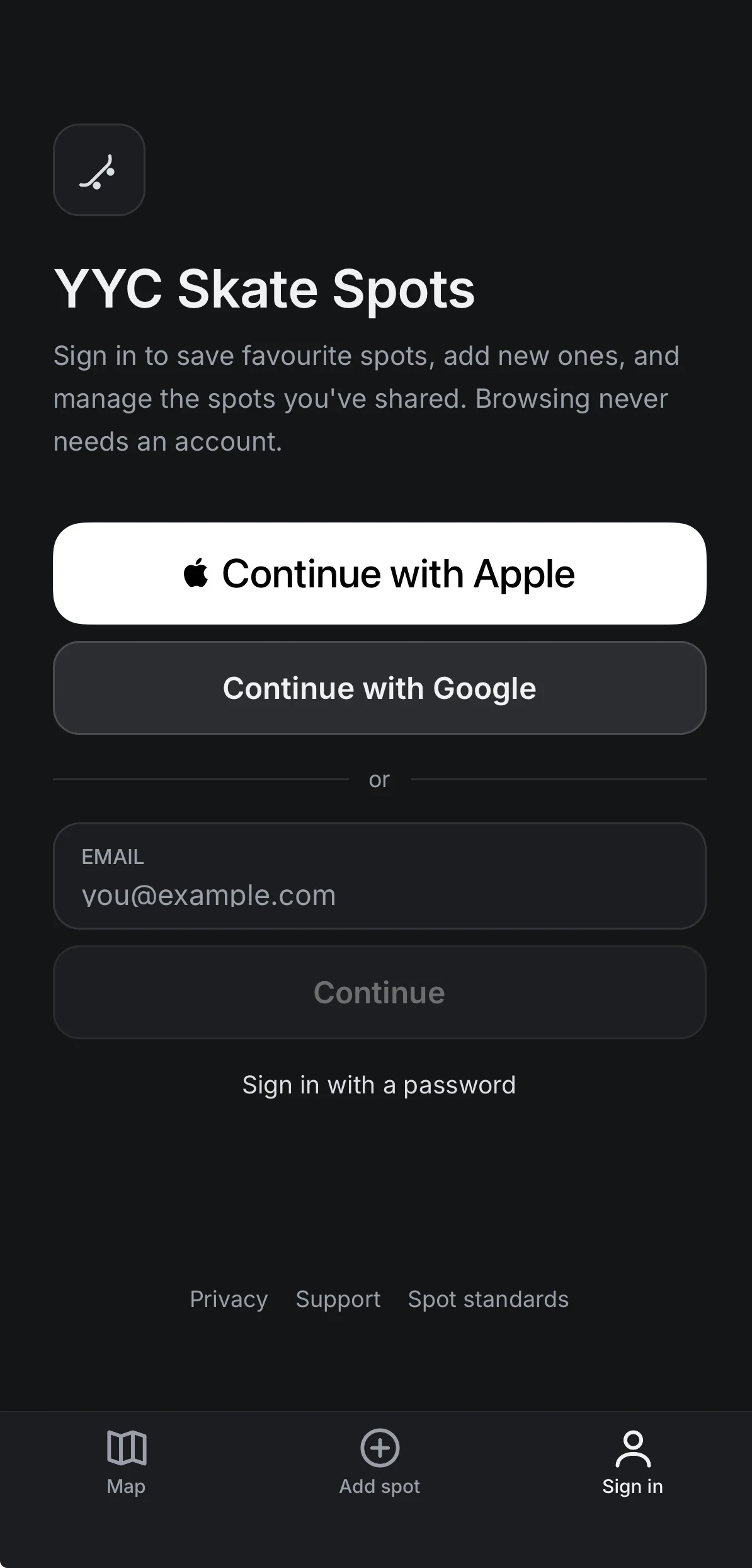 Sign-in screen with Continue with Apple, Continue with Google, and email options.